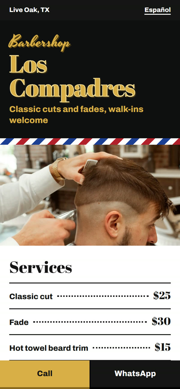 Sample website for Barbería Los Compadres on a phone