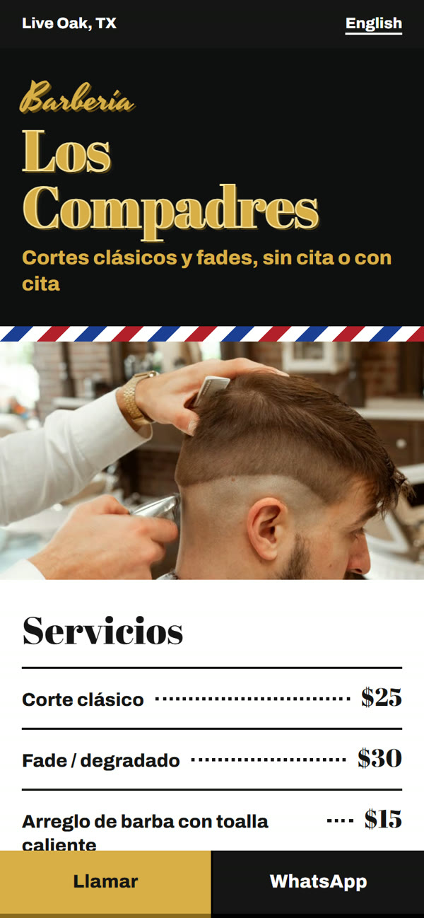 Web de ejemplo de Barbería Los Compadres en un móvil