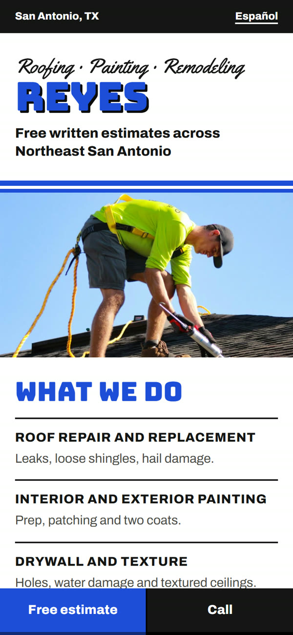 Sample website for Reyes Home Remodeling on a phone