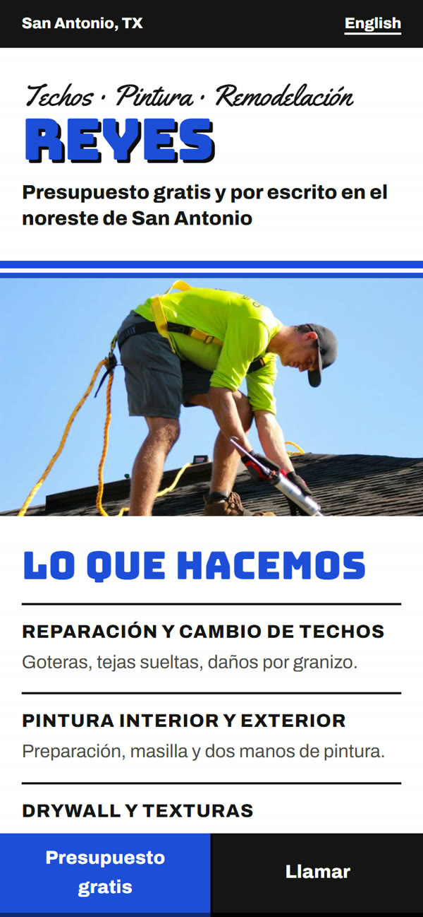 Web de ejemplo de Reyes Home Remodeling en un móvil