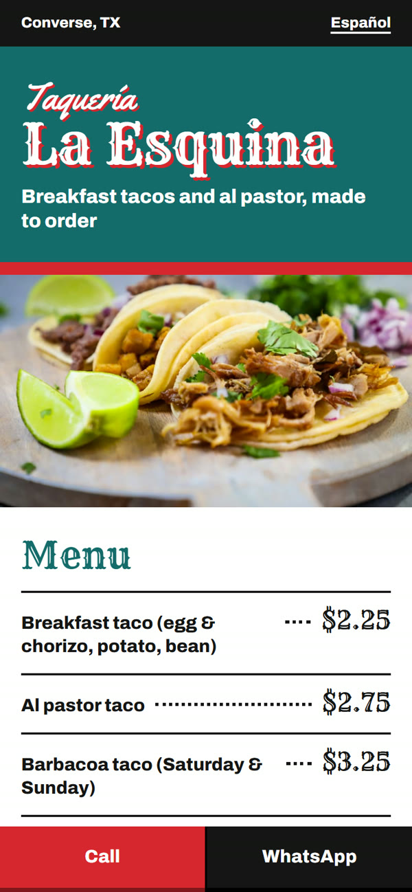 Sample website for Taquería La Esquina on a phone