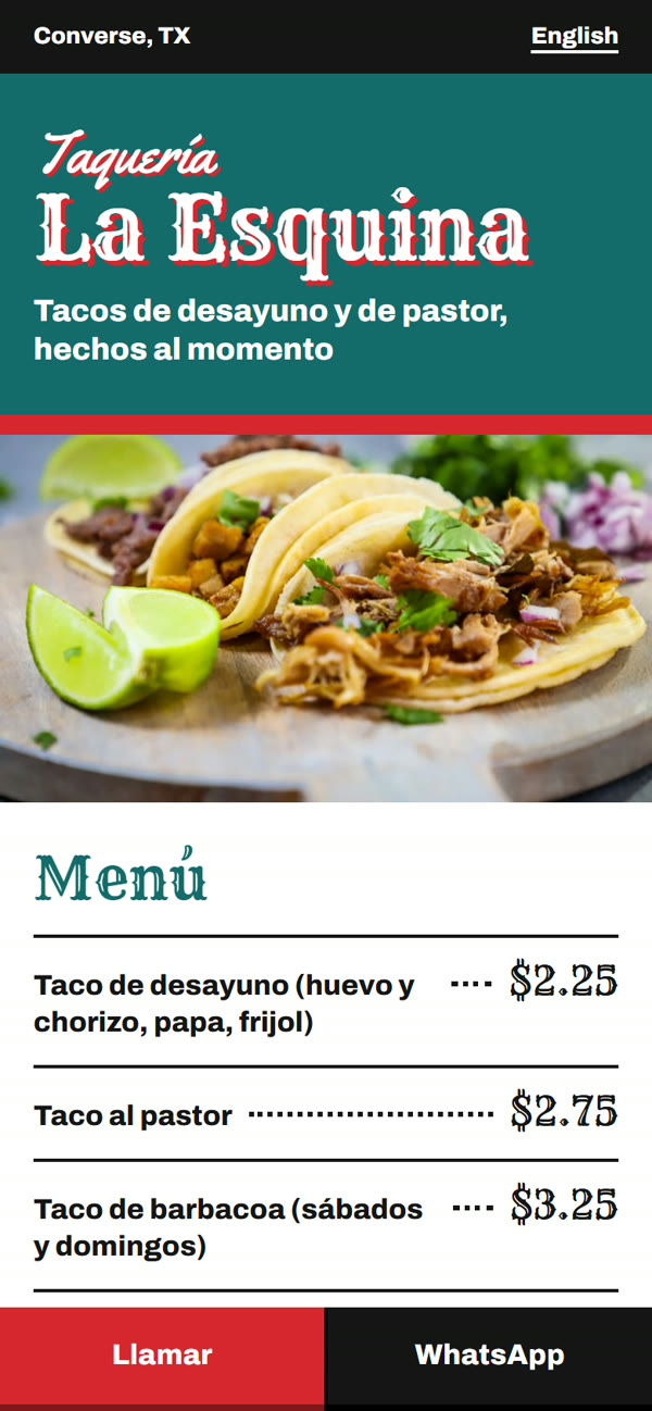 Web de ejemplo de Taquería La Esquina en un móvil